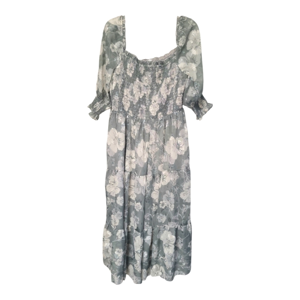 Baltic Born Smocked Tiered Floral Maxi Puff Sleeves Summer Dress Gray Size 1X